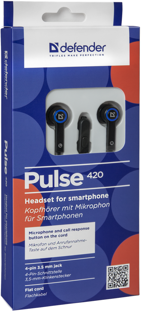 Наушники Defender Pulse 420 (затычки, с микрофоном, 1.1m, blue)