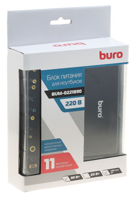 Зарядное устройство для ноутбука Buro BUM-0221B90 (вход 110-240V, выход 12-20V (автоопределение), USB 2.4A, 90W, black)