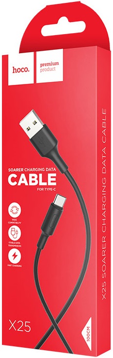 Кабель USB 2.0 Am - Type-C 1.0m (X25 Soarer, медь, 3A, быстрая зарядка, black) hoco