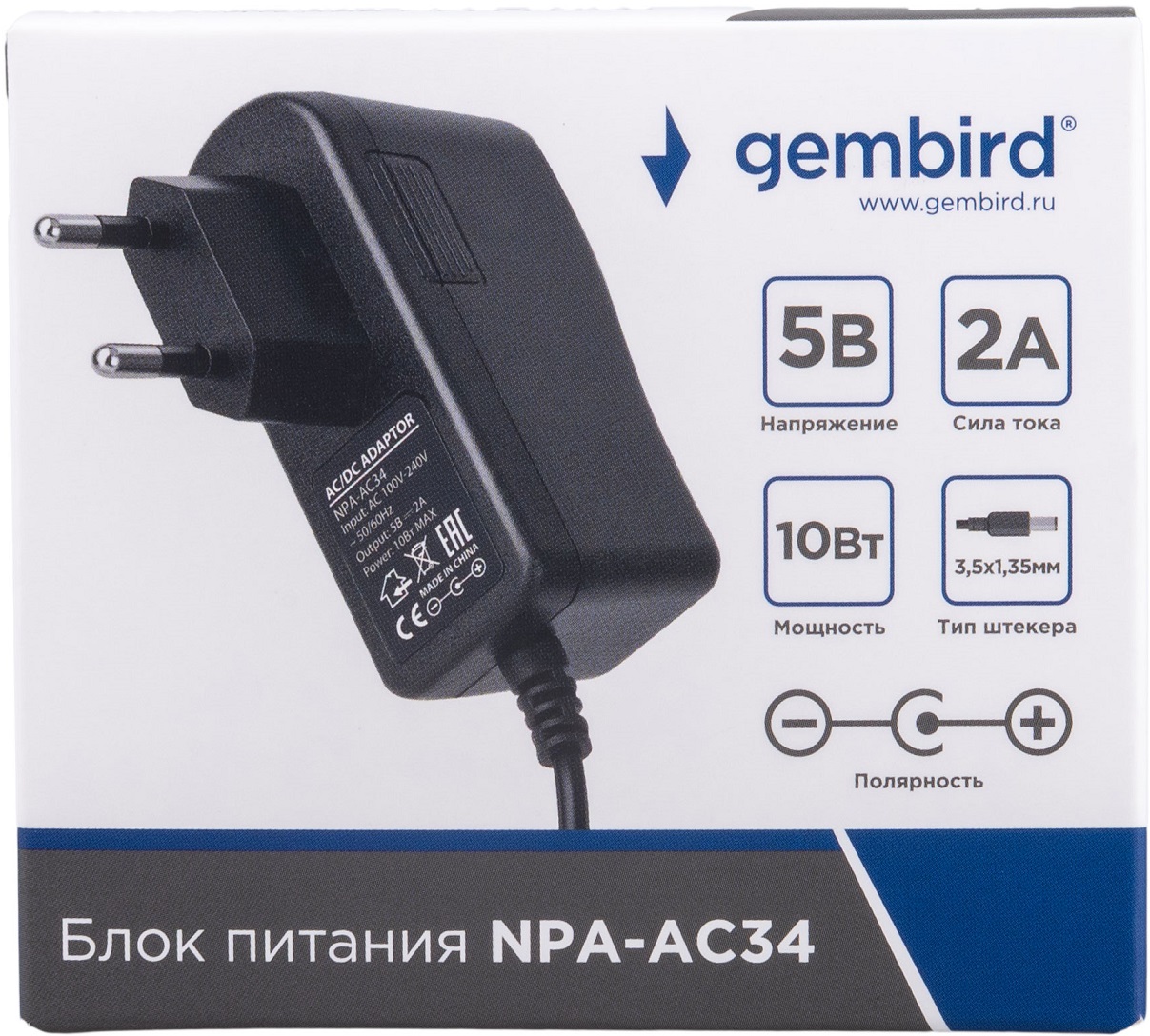 Блок питания Gembird NPA-AC34 (вход 100-240V, выход 5V - 2A, 10W, black, 3.5х1.35mm, black)
