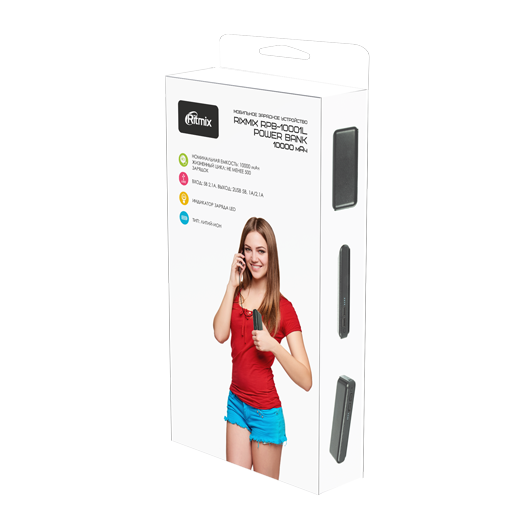 Внешний аккумулятор Ritmix RPB-10001L (литий-ионный, 10000mAh, 2*USB - 2.1A max, вход 2А, white)