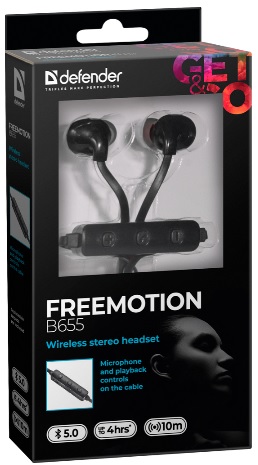 Гарнитура Defender FreeMotion B655 (затычки, беспроводная, Bluetooth 4.1, с микрофоном, до 4 часов работы от батареи, black)