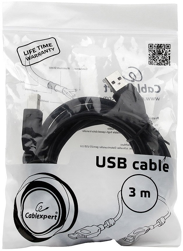 Кабель USB 2.0 Am - Bm 3.0m (CCF2-USB2-AMBM-10, 2 ферритовых кольца, экранированный, black) Cablexpert