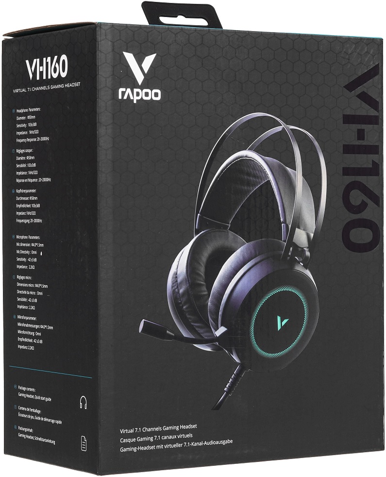 Наушники Rapoo VH160 (полноразмерные закрытые, подключение по USB, с микрофоном, регулятор, подсветка, игровые, виртуальный объёмный звук 7.1, 2.2m, black)