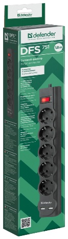 Сетевой фильтр Defender DFS 751 (5 розеток, 1.8 метра, 2*USB 2.1A, 10A, black) RTL