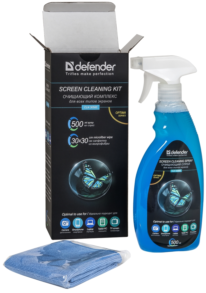 Комплект чистящий Defender (CLN30500, спрей 500ml, салфетка микрофибра 30x30cm, для экранов)