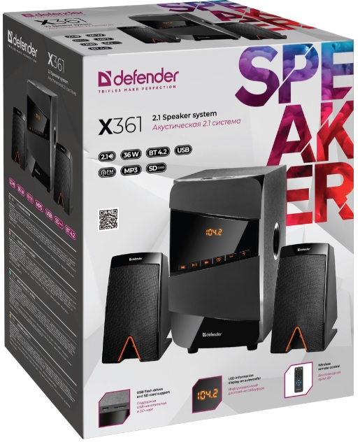 Колонки Defender X361 (36W, Bluetooth 5.0, ПДУ, FM, USB, SD, MP3, black)