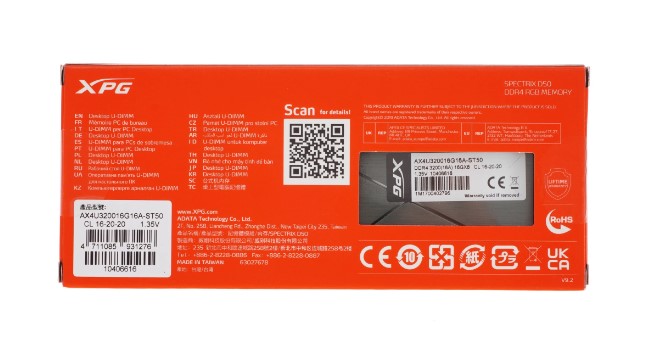 Память DDR4 16Gb PC25600, 3200MHz, ADATA Spectrix D50 RGB (AX4U320016G16A-ST50, 1.35V, RGB LED, tungsten grey)