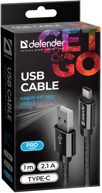 Кабель USB 2.0 Am - USB2.0 Type-C 1.0m (USB09-03T PRO, 2.1A, нейлоновая оплётка, black) Defender