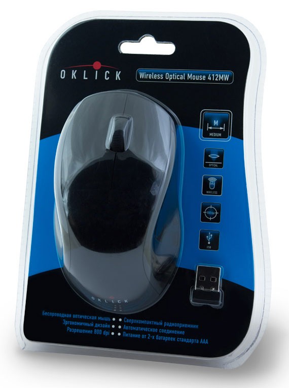 Мышь беспроводная Oklick 412MW (optical, 800dpi, 2*AAA, black-silver)