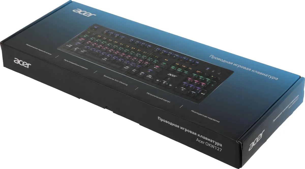 Клавиатура Acer OKW127 (USB, механическая, BLUE Switch, регулируемая подсветка, игровая, мультимедийная, 1.8m, black)