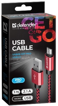 Кабель USB 2.0 Am - micro USB 1.0m (USB08-03T PRO, 2.1A, нейлоновая оплётка, red) Defender
