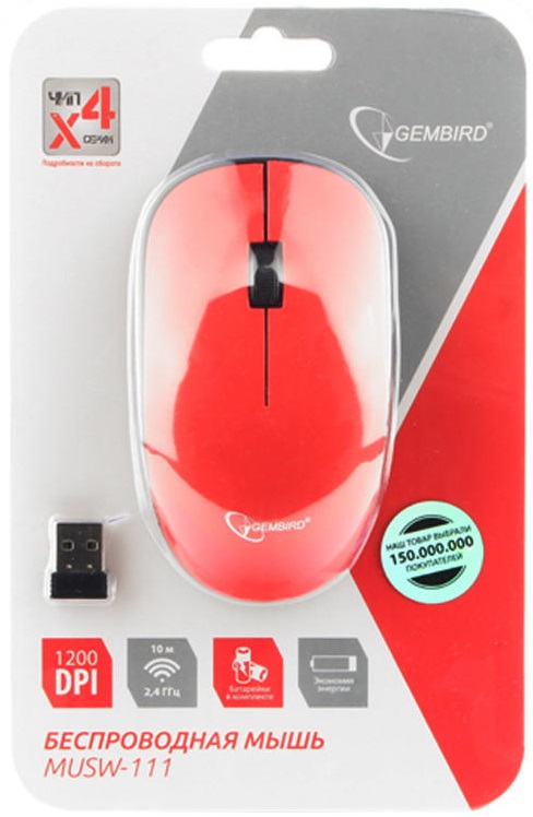 Мышь беспроводная Gembird MUSW-111-CRL (optical, 1200dpi, AA, black-red)