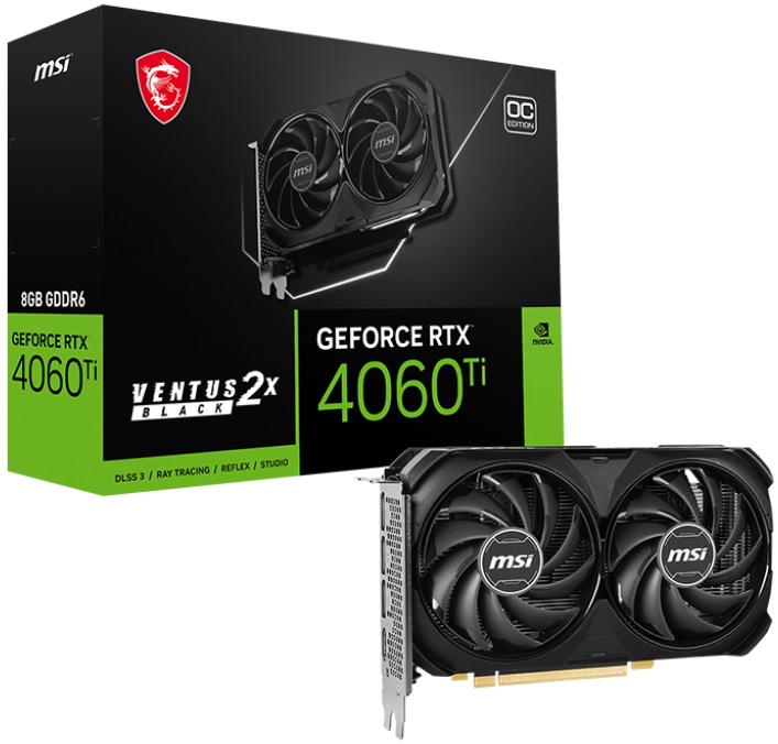 Видеокарта MSI GF RTX4060Ti OC 8Gb (RTX 4060 Ti VENTUS 2X BLACK 8G OC, 128bit, GDDR6, HDMI+3xDP) RTL