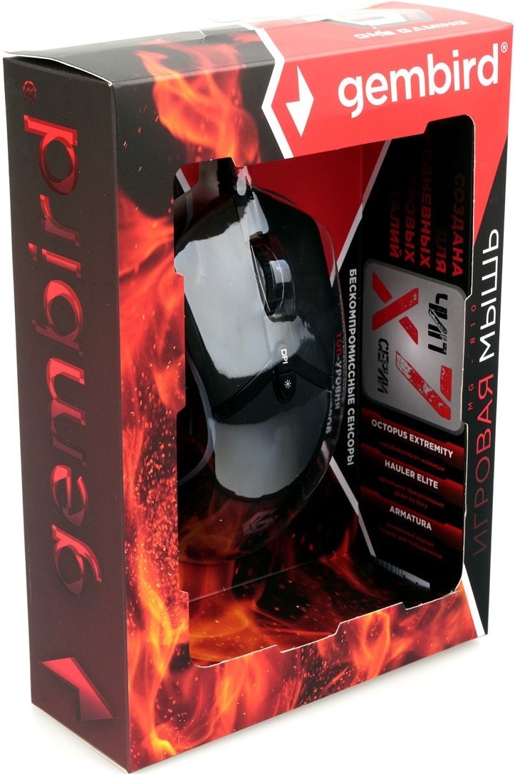 Мышь Gembird MG-810 (USB, optical, 3200dpi, RGB подсветка, игровая, 1.8m, soft-touch, black)