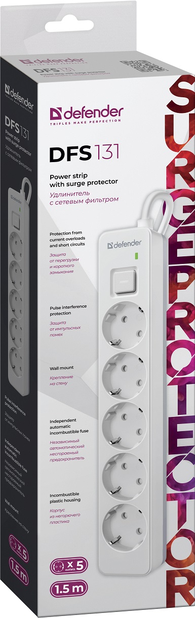 Сетевой фильтр Defender DFS 131 (5 розеток, 1.5 метра, 16A, white) RTL
