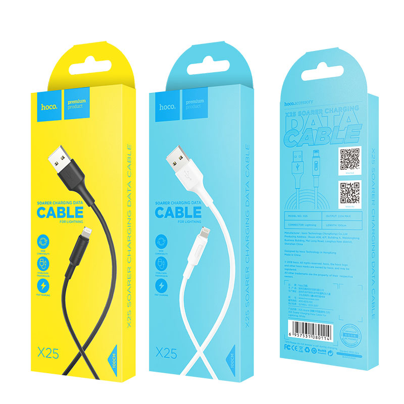 Кабель USB 2.0 Am - Lightning 1.0m (X25 Soarer, 2A, быстрая зарядка, white) hoco
