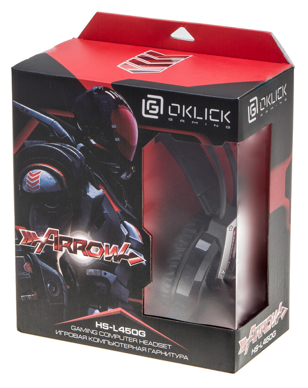 Наушники Oklick ARROW HS-L450G (полноразмерные закрытые, с микрофоном, регулятор, игровые, 2.2m, black-red)