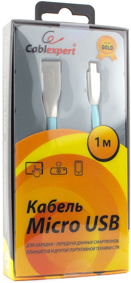 Кабель USB 2.0 Am - micro USB 1.0m (CC-G-mUSB01Bl-1M, серия Gold, не спутывается, blue) Cablexpert