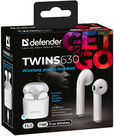 Гарнитура Defender Twins 630 (затычки, беспроводная, Bluetooth 5.0, с микрофоном, до 4 часов работы от батареи, white)