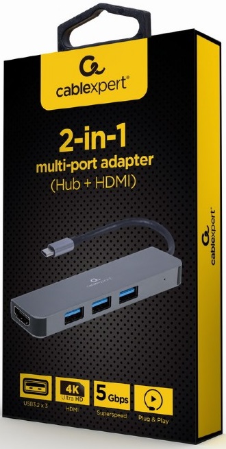 USB 3.0 HUB (A-CM-COMBO2-01, Type-C, 3xUSB3.2 + HDMI, 4K, металл, grey) Cablexpert