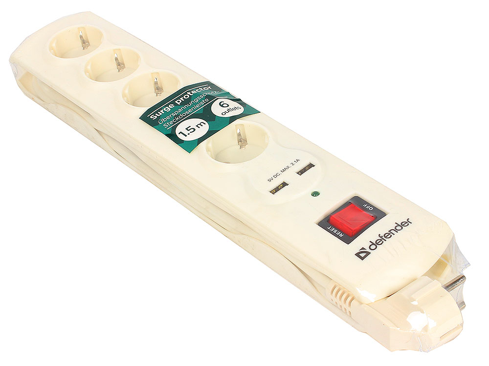 Сетевой фильтр Defender DFS 951 (5 розеток, 5 метров, 2*USB 2.1A, beige) OEM