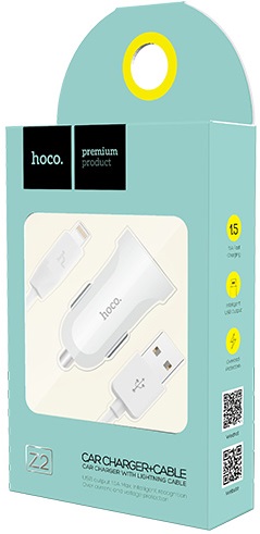 Зарядное устройство от прикуривателя hoco Z2 (12/24V - USB, 1.5А, кабель Lightning 1m, white)
