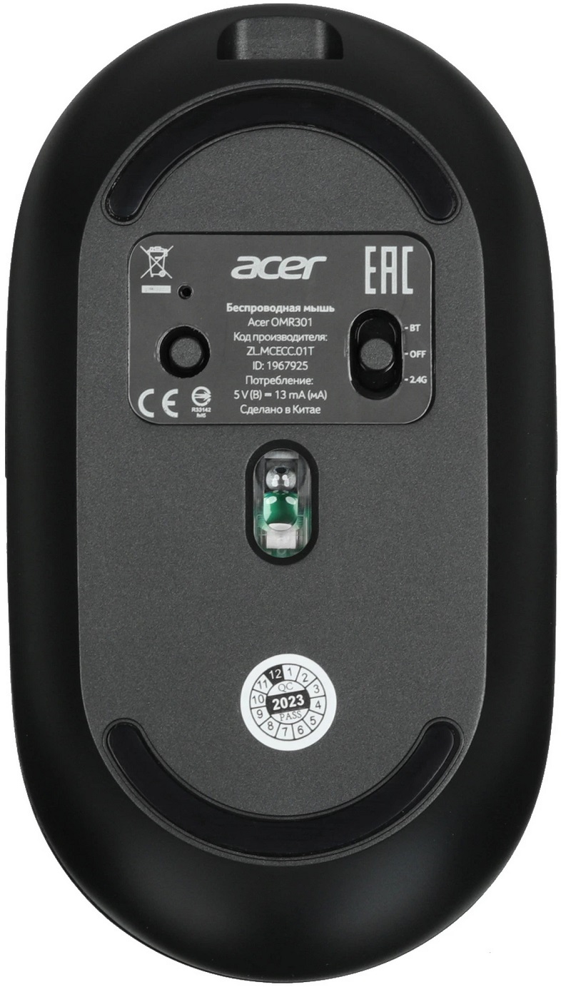 Мышь беспроводная Acer OMR301 (ZL.MCECC.01T) (Bluetooth/2.4GHz, optical, 1600dpi, аккумулятор 500mAh, бесшумный клик, подсветка, black)