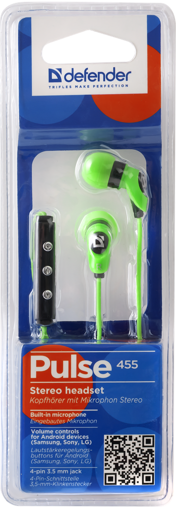 Наушники Defender Pulse 455 (затычки, для мобильных устройств, с микрофоном, 1.2m, green)