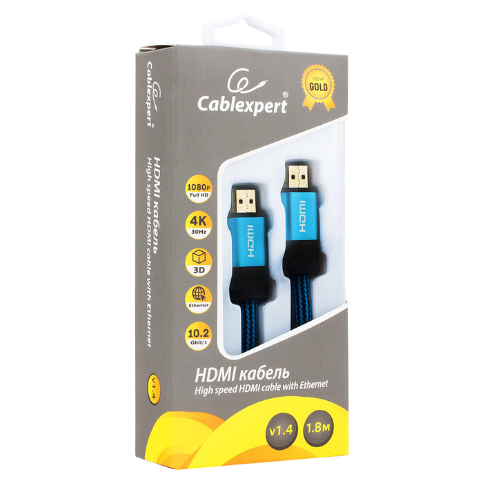 Кабель HDMI (m) - HDMI (m) 1.8m (CC-G-HDMI01-1.8M, ver.1.4, с позолоченными контактами, тканевая оплётка, blue) Cablexpert