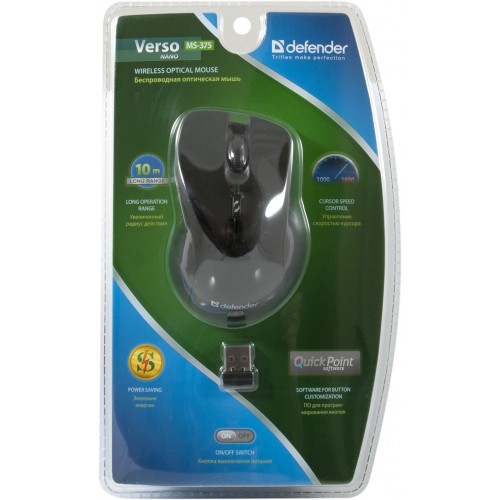 Мышь беспроводная Defender Verso MS-375 Nano (optical, 1600dpi, 2*AAA, black piano)