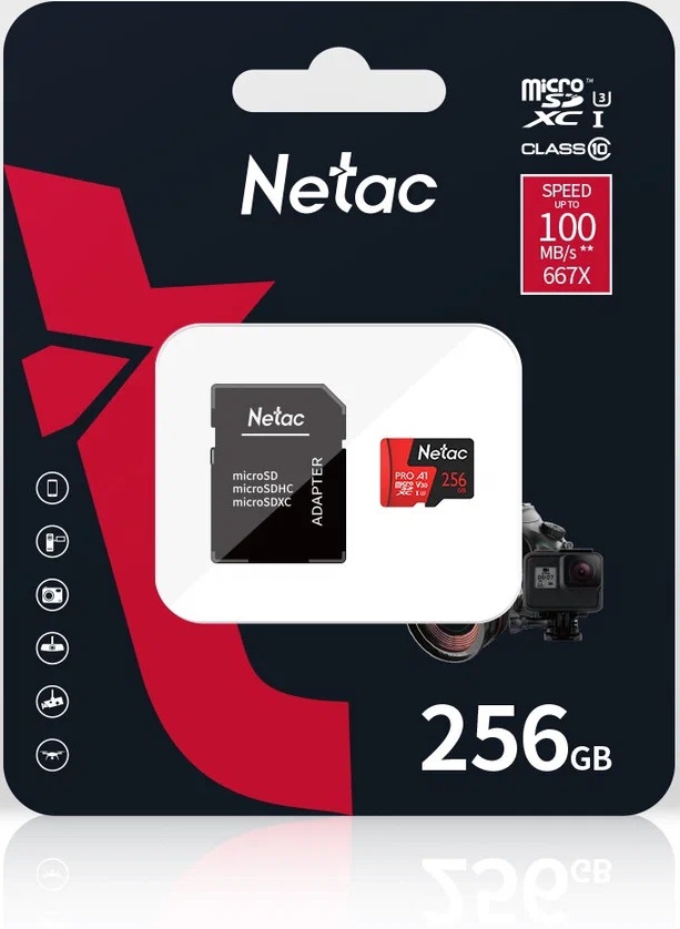 Карта памяти SDXCmicro Card 256Gb Netac P500 Extreme Pro (NT02P500PRO-256G-R, Class 10, UHS-I U3, 100MB/s, адаптер SD)