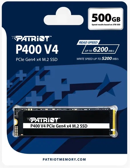 Накопитель SSD M.2 (2280) 500Gb Patriot P400 V4 (P400VP500GM28H, 5000/3000Mbs, PCI-E Gen4 x4, NVMe 2.0)