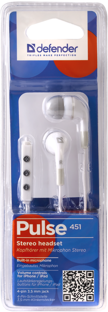 Наушники Defender Pulse 451 (затычки, для мобильных устройств, с микрофоном, 1.2m, white)