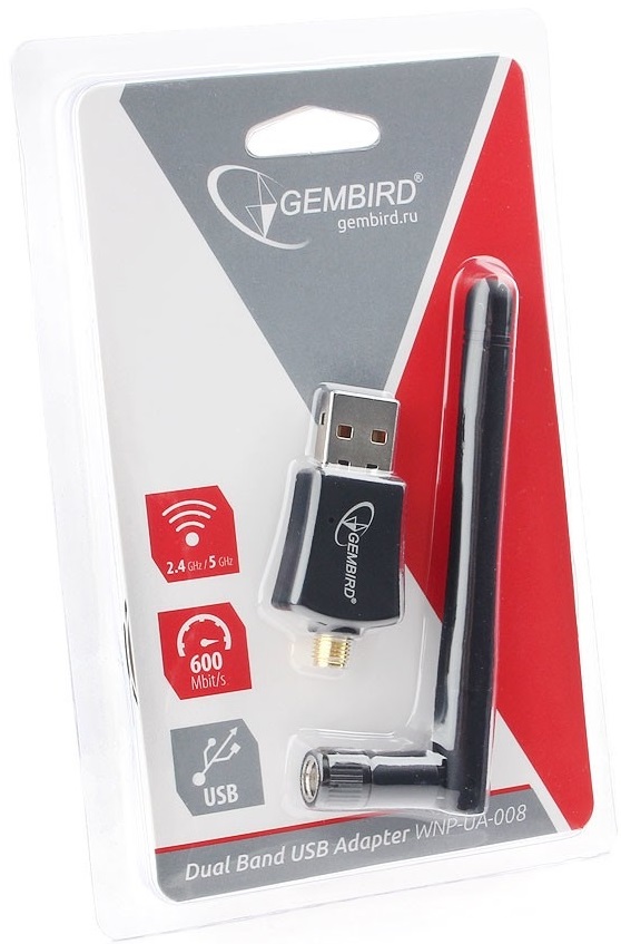 Сетевая карта Gembird WNP-UA-009 (USB, 600Mbps, 2.4/5GHz, 18dBm, black) RTL