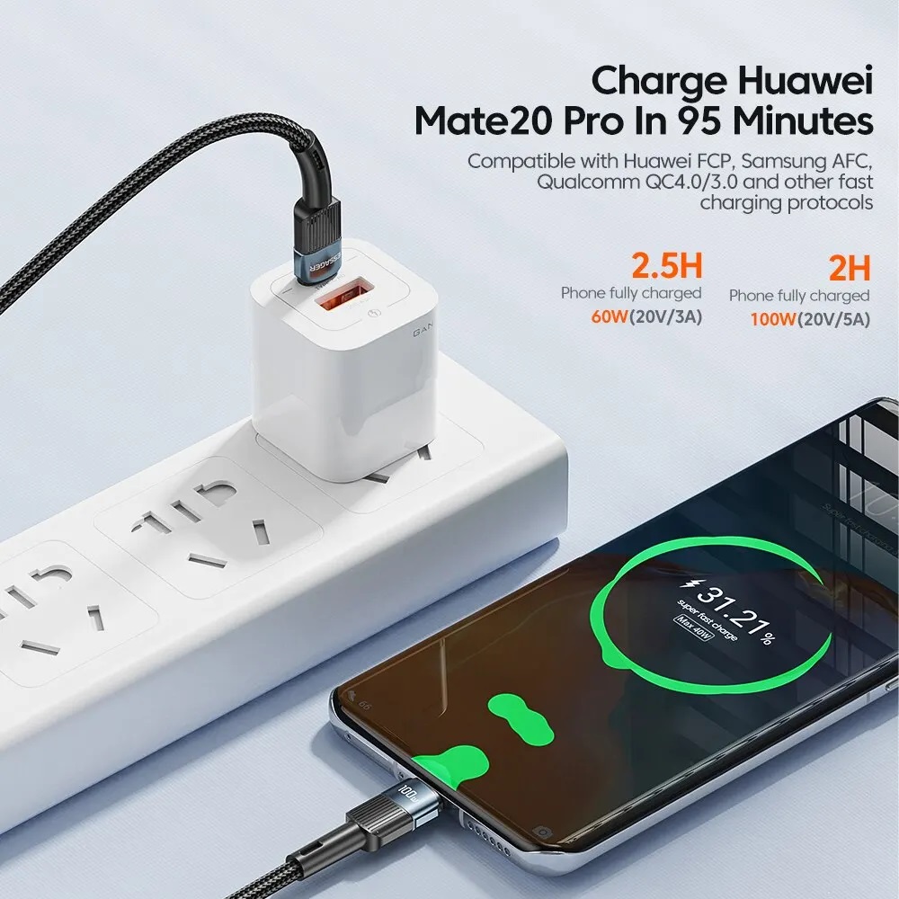 Кабель Type-C --> Type-C 2.0m (3A, 100W, быстрая зарядка, нейлоновая оплётка, black-blue) Essager