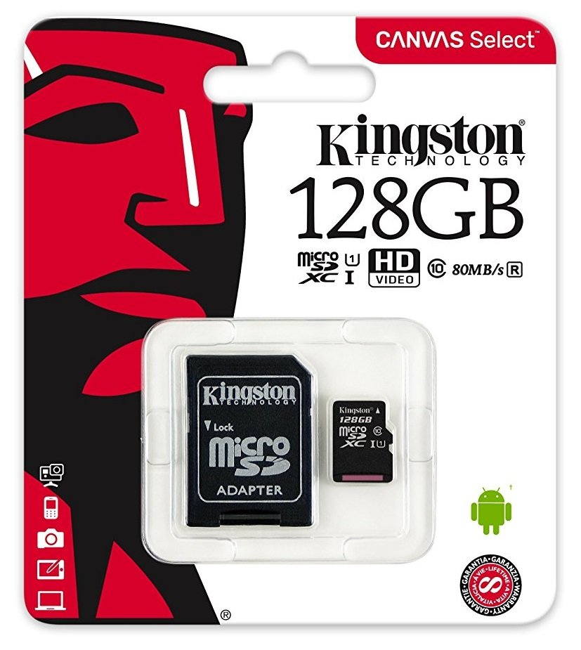 Карта памяти SDXCmicro Card 128Gb Kingston (SDCS/128GB, Class 10, UHS-I, 80MB/s, адаптер SD)