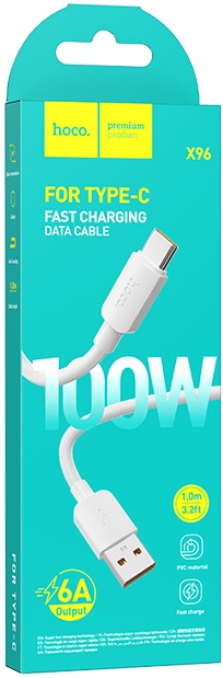 Кабель USB 2.0 Am - Type-C 1.0m (X96 Hyper, 6A, 100W, быстрая зарядка, white) hoco