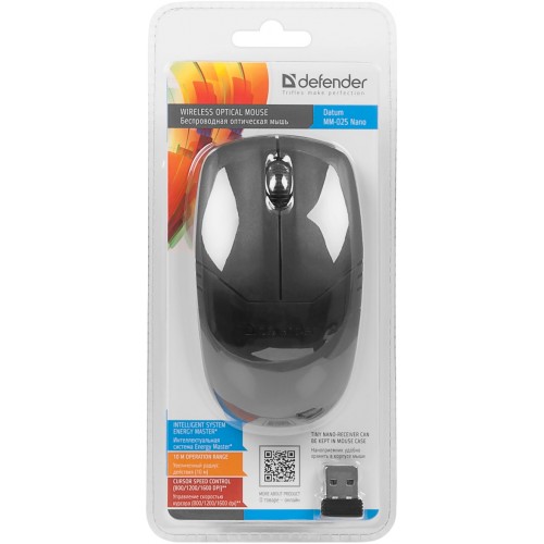 Мышь беспроводная Defender Datum MM-025 Nano (optical, 1200dpi, 2*AAA, black)