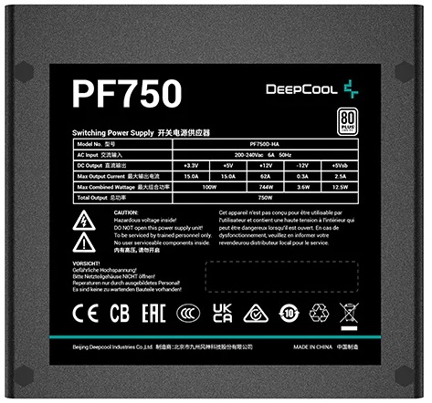 Блок питания DEEPCOOL 750W (PF750D-HA, 80+, 120mm, 20+4+4+4+4+4pin, 4xPCI-E 6+2pin, 6*SATA, 2*HDD) RTL
