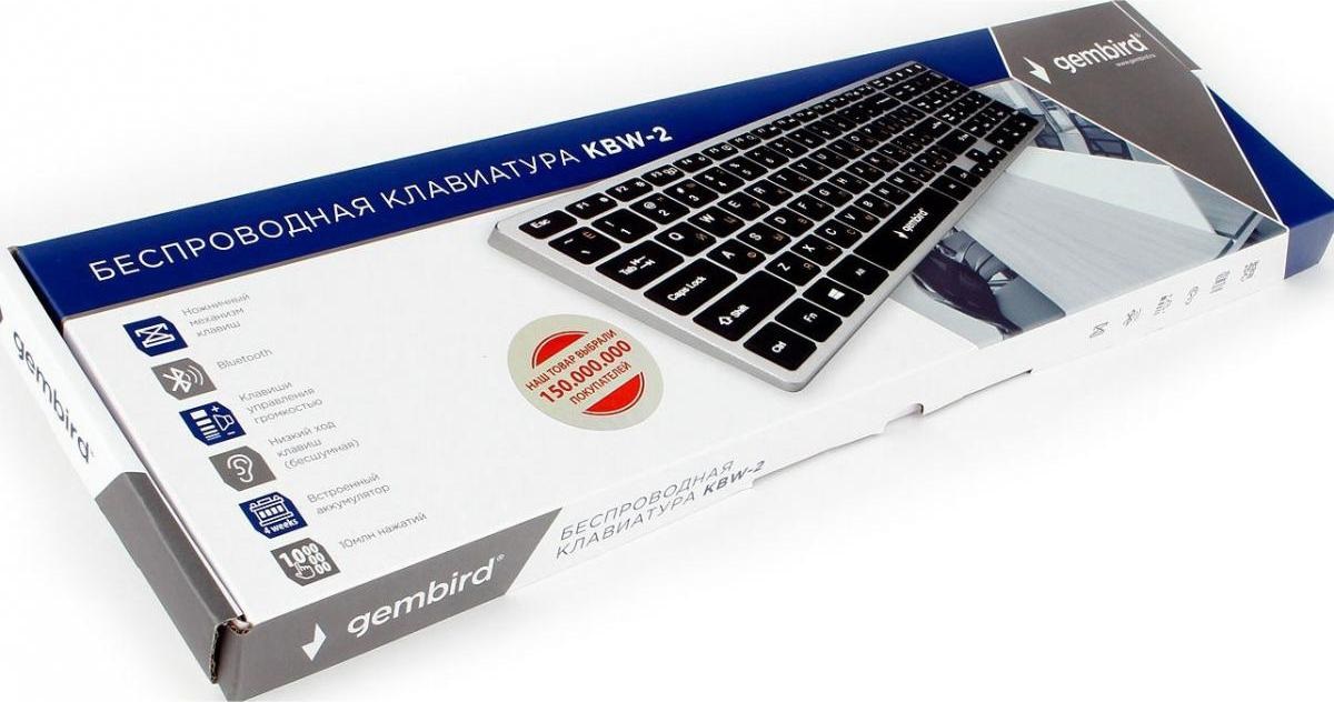 Клавиатура беспроводная Gembird KBW-2 (Bluetooth 3.0 / micro USB, аккумулятор 300mAh, ножничная, мультимедийная, black-grey)