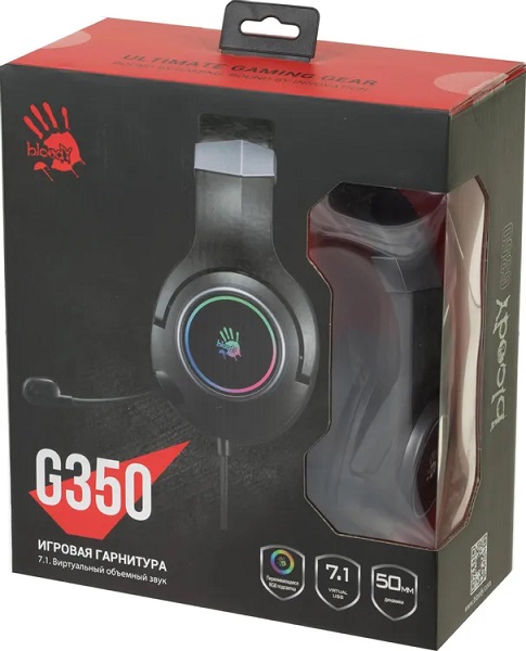 Наушники A4Tech Bloody G350 (полноразмерные закрытые, подключение по USB, с микрофоном, регулятор, RGB подсветка, игровые, виртуальный объёмный звук 7.1, 2m, black)