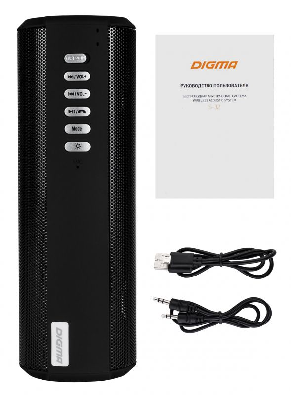 Колонки Digma S-32 (6W, портативные, аккумулятор, Bluetooth, микрофон, громкая связь, AUX,  MicroSD до 32Gb, FM, MP3, подсветка, black)