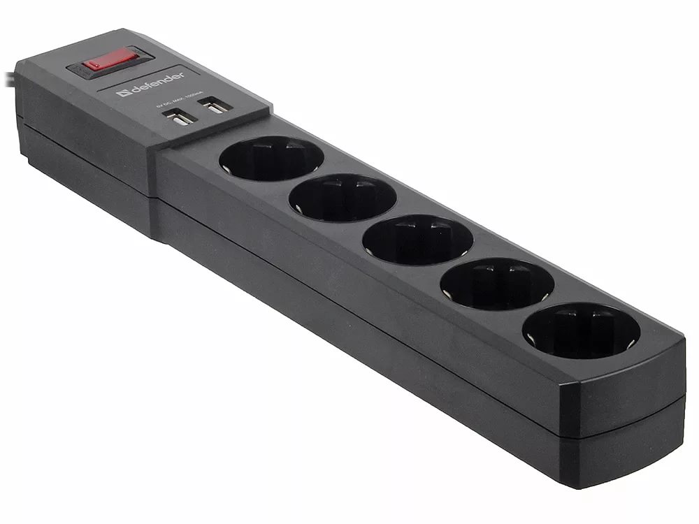 Сетевой фильтр Defender DFS 451 (5 розеток., 1.8 метра, 2*USB 1A, black) RTL