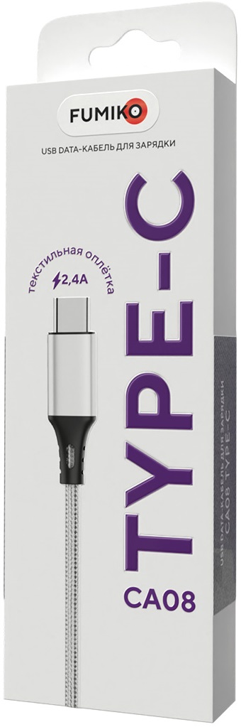 Кабель USB 2.0 Am - Type-C 1.0m (FCA08-06, 2.4A, нейлоновая оплётка, silver) FUMIKO