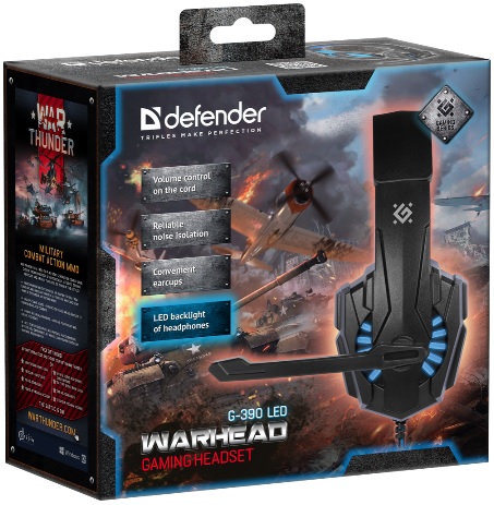 Наушники Defender Warhead G-390 LED (полноразмерные закрытые, c микрофоном, игровые, 1.8m, промо-код "War Thunder", black-blue)
