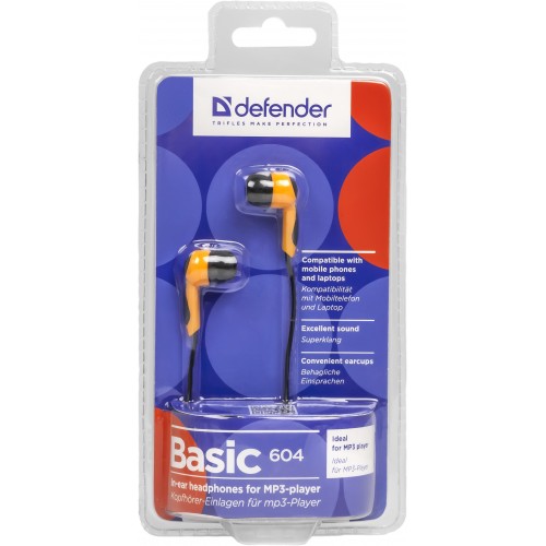 Наушники Defender Basic-604 (затычки, без микрофона, 1.1m, black-orange)