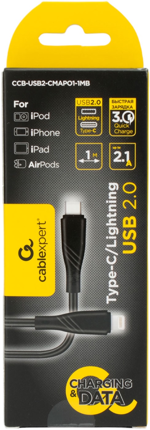 Кабель USB 2.0 Type-C - Lightning 1.0m (CCB-USB2-CMAPO1-1MB, 2.1A, быстрая зарядка, QC3.0, black) Cablexpert