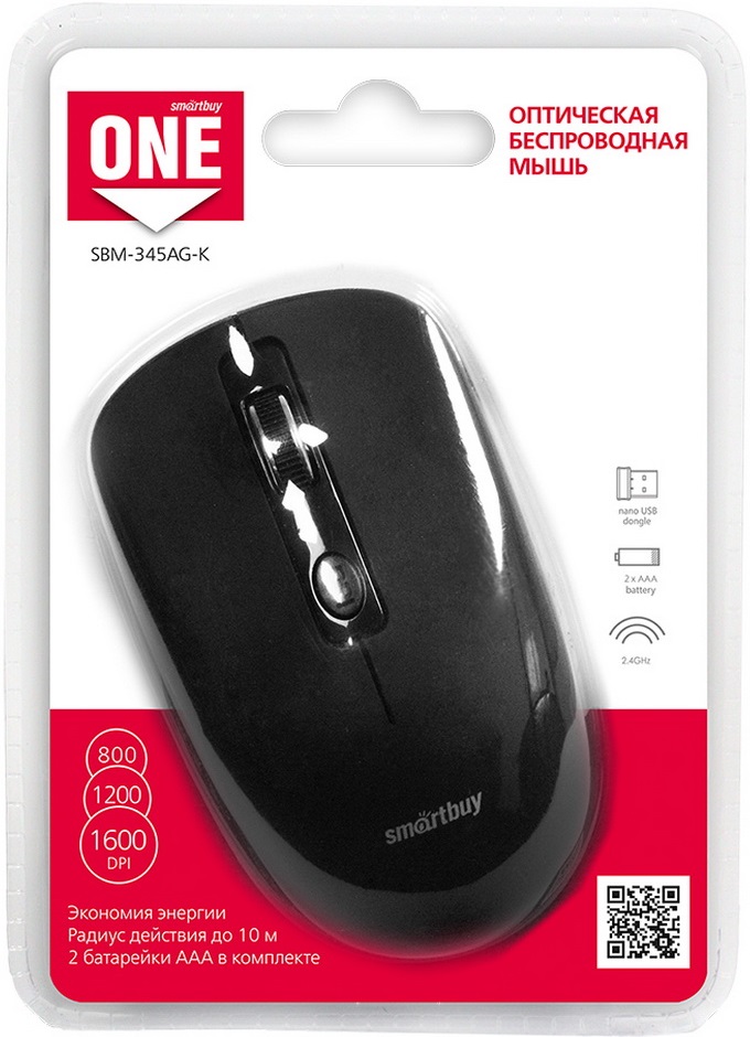 Мышь беспроводная Smartbuy ONE (SBM-345AG-K, optical, 1600dpi, 2xAAA, black)
