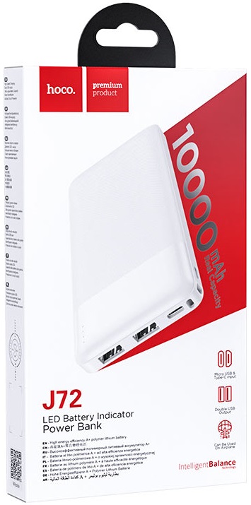 Внешний аккумулятор hoco J72 Easy travel (литий-полимерный, 10000mAh, 2*USB 2A, вход 2A, white)